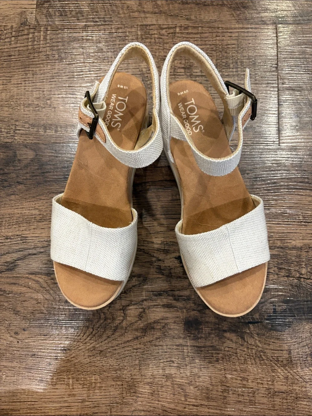 TOMS Cream Canvas Wedge Sandals with Ankle Strap